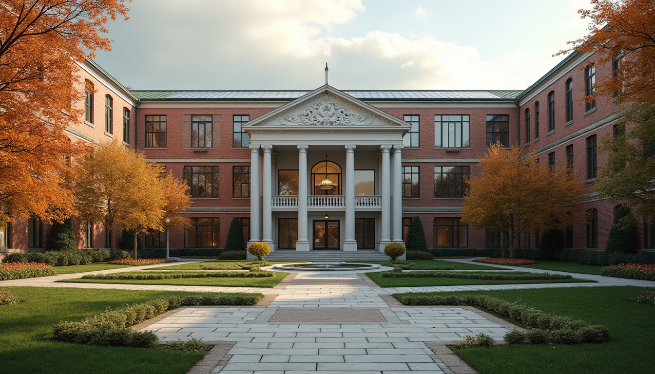 Prompt: Modern university building, regionalism style, red brick walls, white pillars, grand entrance, large glass windows, green roof, solar panels, stone courtyard, intricate stone carvings, water features, walking paths, lush greenery, autumn leaves, cloudy sky, natural light, warm atmosphere, 3/4 composition, low-angle shot, cinematic lighting.