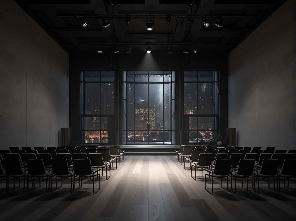 Prompt: Minimalist music venue, industrial chic, concrete walls, polished wooden floor, simple stage design, spotlights, minimalist audience seating, low-profile chairs, empty space, natural light pouring in from large windows, urban cityscape outside, night scene, dim ambient lighting, soft shadows, 3/4 composition, cinematic mood, monochromatic color palette.