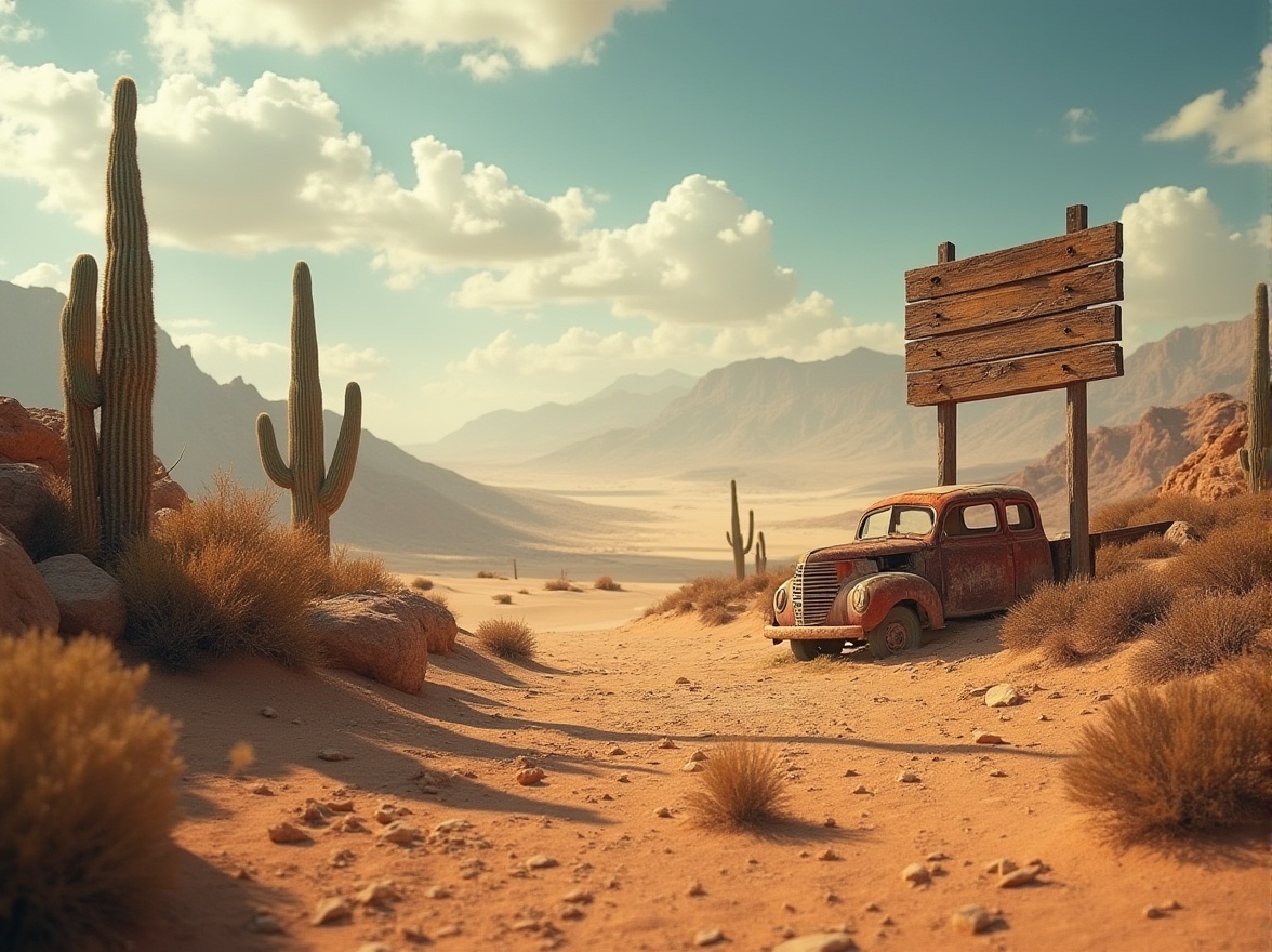 Prompt: Desert landscape, endless dunes, harsh sunlight, vast open space, sandy terrain, rocky outcrops, cacti, scarce vegetation, worn wooden signs, abandoned old vehicles, dusty atmosphere, warm tones, cinematic composition, low angle shot, dramatic lighting, HDRI skies.