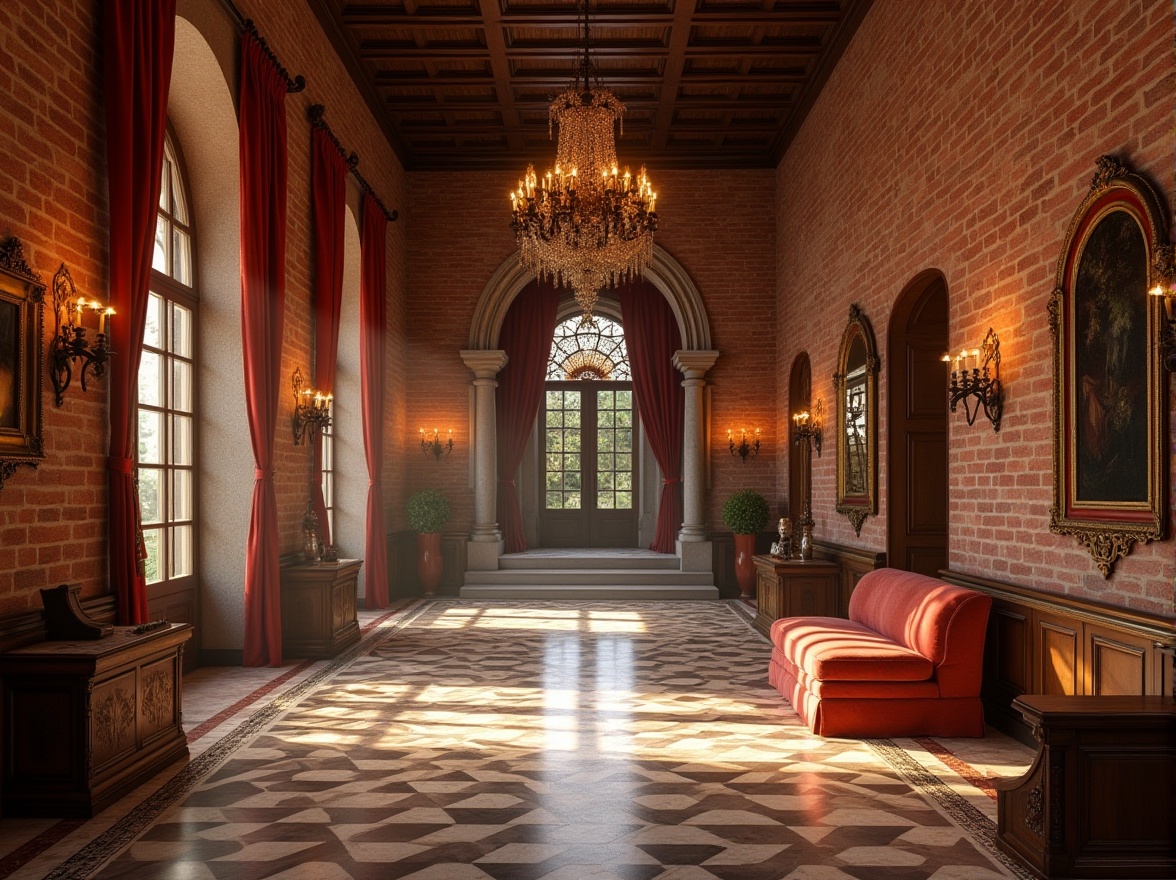 Prompt: Renaissance-style hotel lobby, luxurious ambiance, brick wall material, earthy tone, ornate decorations, grand chandelier, velvet drapes, wooden furniture, marble floor, lavish furnishings, warm lighting, arches, columns, high ceiling, rich texture, rustic charm, elegant atmosphere, afternoon sunbeam, dramatic shadows, 3/4 composition, soft focus.