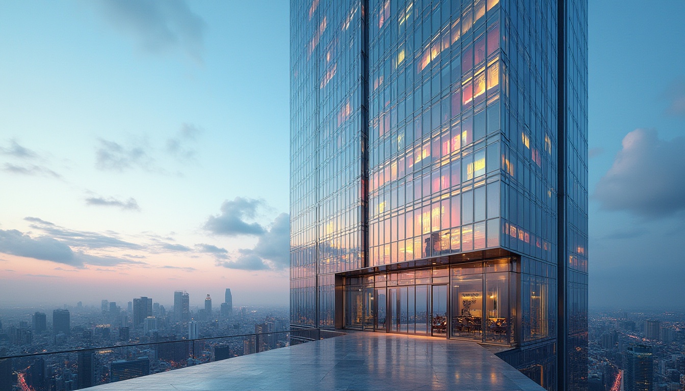 Prompt: Modern skyscraper, sleek architecture, reflective glass façade, vibrant colored glass panels, gradient effect, iridescent reflection, cityscape, urban landscape, daytime, clear sky, few white clouds, dramatic shadows, geometric patterns, futuristic feel, metallic frames, polished concrete floors, minimalist interior design, panoramic view from top floor, 3/4 composition, softbox lighting, cinematic atmosphere.