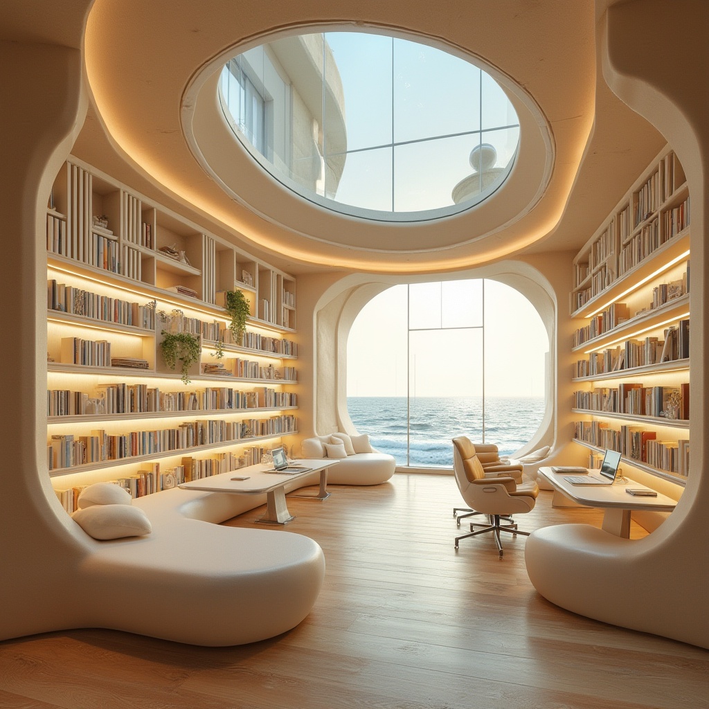 Prompt: Futuristic coastal library, embracing curves, sandy beige walls, gleaming metallic accents, minimalist shelves, holographic book projections, soft warm lighting, cozy reading nooks, wavy wooden floorboards, ocean-inspired furniture, ergonomic chairs, futuristic tables, glass ceiling, panoramic ocean view, gentle sea breeze, sound of waves crashing, morning sunlight, shallow depth of field, 3/4 composition, ambient occlusion, cinematic atmosphere, vibrant color palette.