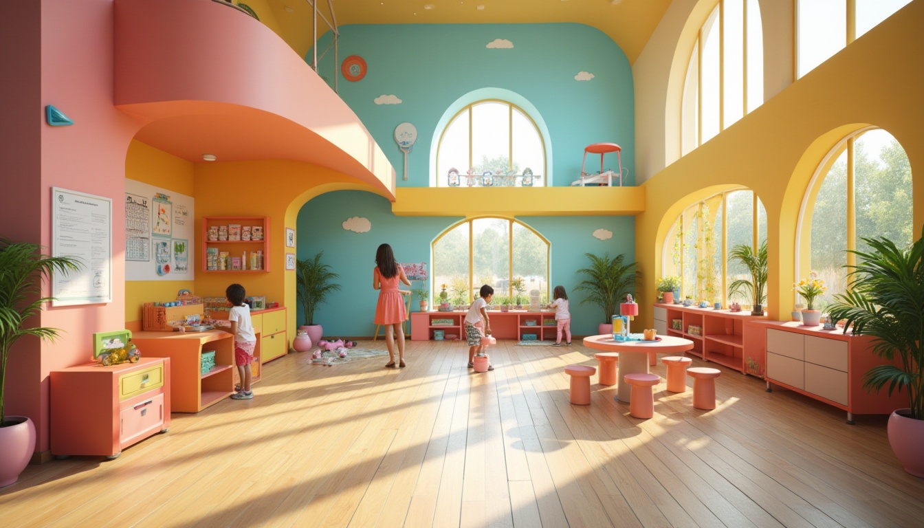 Prompt: Vibrant kindergarten, fusion architecture style, colorful building blocks, playful rounded edges, whimsical curves, large windows, natural light pouring in, wooden floors, soft pastel colors, educational posters on walls, interactive exhibits, children playing with toys, learning tools scattered around, teacher observing from a corner, potted plants, bright flower arrangements, warm afternoon sunlight, soft focus background, shallow depth of field, inviting atmosphere, 3/4 composition, panoramic view.