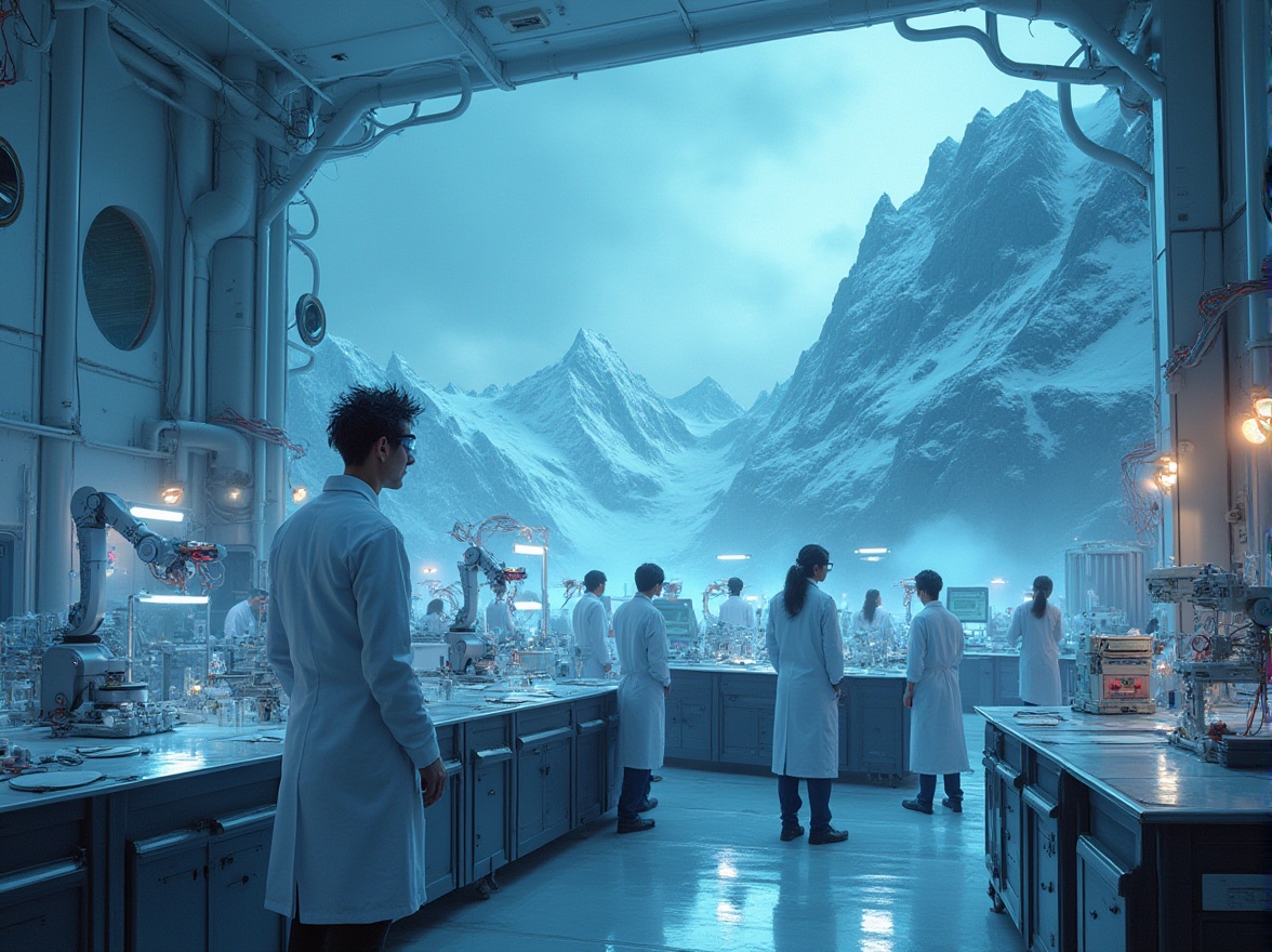 Prompt: Futuristic laboratory, mountainous landscape, snowy peaks, misty atmosphere, neon lights illuminating the facility, sleek metallic architecture, glass domes, robotic arms, holographic projections, futuristic equipment, white lab coats, goggles, scientists with messy hair, intense expressions, test tubes, beakers, machinery, wires, circuits, motherboards, innovative gadgets, virtual reality headsets, 3D printers, laser beams, misty windows, panoramic view, cinematic composition, high-tech ambiance, soft blue lighting.