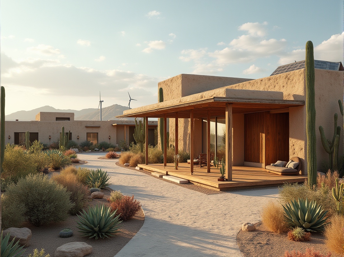 Prompt: Desert hotel, modern architecture, eco-friendly, sustainable practices, green building, xeriscaping, cactus plants, succulents, solar panels, wind turbines, recycling facilities, composting area, low-flow showerheads, grey water system, organic garden, locally sourced materials, natural ventilation, adobe walls, earthy tones, serene ambiance, panoramic view, 3/4 composition, soft natural light.