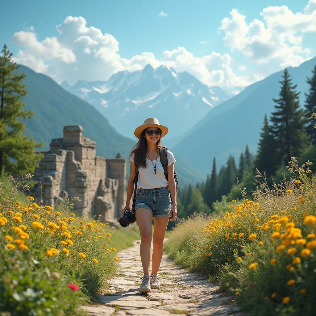 Prompt: tourist, visitor, happy, smiling, casual wear, sunglasses, sun hat, backpack, holding camera, walking, exploring, scenic viewpoint, mountain range, blue sky, fluffy white clouds, lush green trees, vibrant wildflowers, winding stone path, ancient ruins, historic landmark, warm sunlight, soft shadows, 3/4 composition, panoramic view, cinematic lighting.