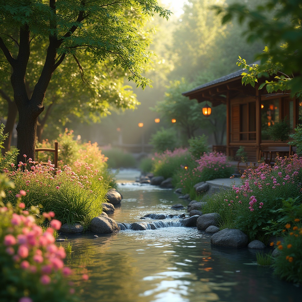 Prompt: Riverbank designs, harmony with nature, serene atmosphere, lush greenery, various wildflowers blooming in vibrant colors, gentle river flow, soft ripples on water surface, warm sunlight filtering through trees, wooden benches and walkways blending into surroundings, natural stone walls, earthy tones, rustic lanterns, peaceful ambiance, 3/4 composition, shallow depth of field, cinematic lighting, soft focus, warm color palette.