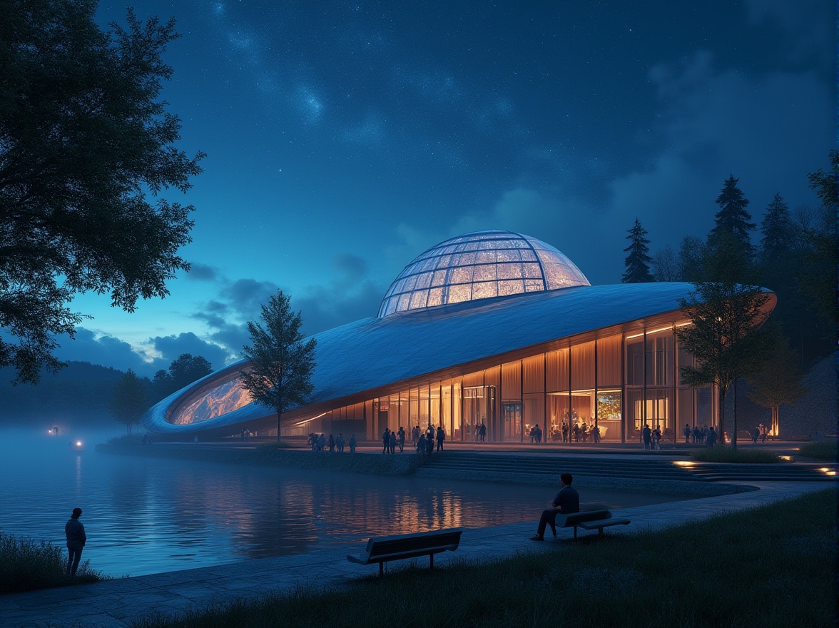 Prompt: Riverbank planetarium, streamline moderne style, futuristic architecture, curved lines, metallic materials, glass dome, celestial body projections, night sky, stars twinkling, soft blue ambient lighting, gentle mist rising from the river, lush greenery, tall trees, riverbank seating area, modern benches, people sitting and stargazing, 3/4 composition, low-angle shot, cinematic atmosphere.