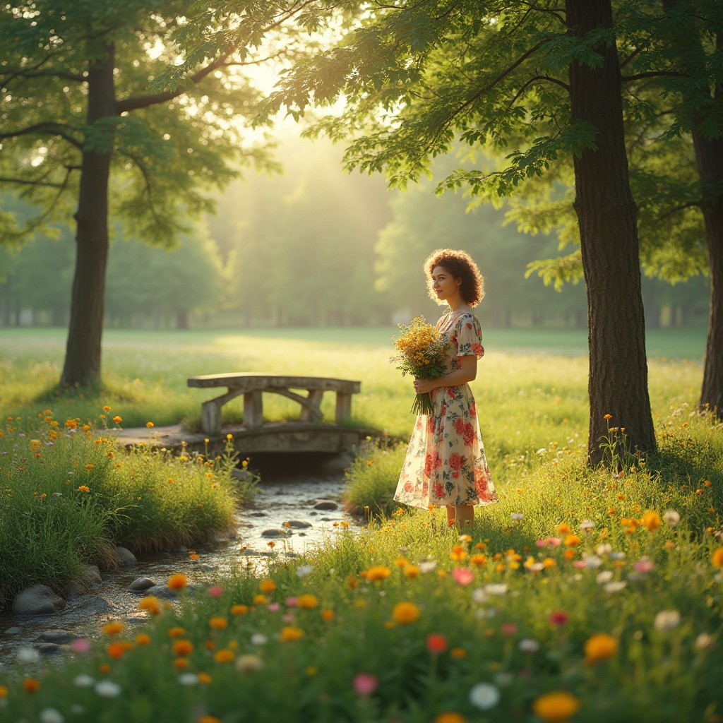 Prompt: Integrating meadow elements into design, serene landscape, sunny afternoon, warm light, lush green grass, vibrant wildflowers of various colors, a few tall trees providing shade, a winding stone path, a small wooden bridge over a gentle stream, a natural stone bench surrounded by flowers, a beautiful mature lady with curly brown hair, gentle smile, wearing a flowing floral dress, holding a bouquet of wildflowers, standing in the meadow, looking away, 3/4 composition, soft focus, warm color tone, cinematic lighting.