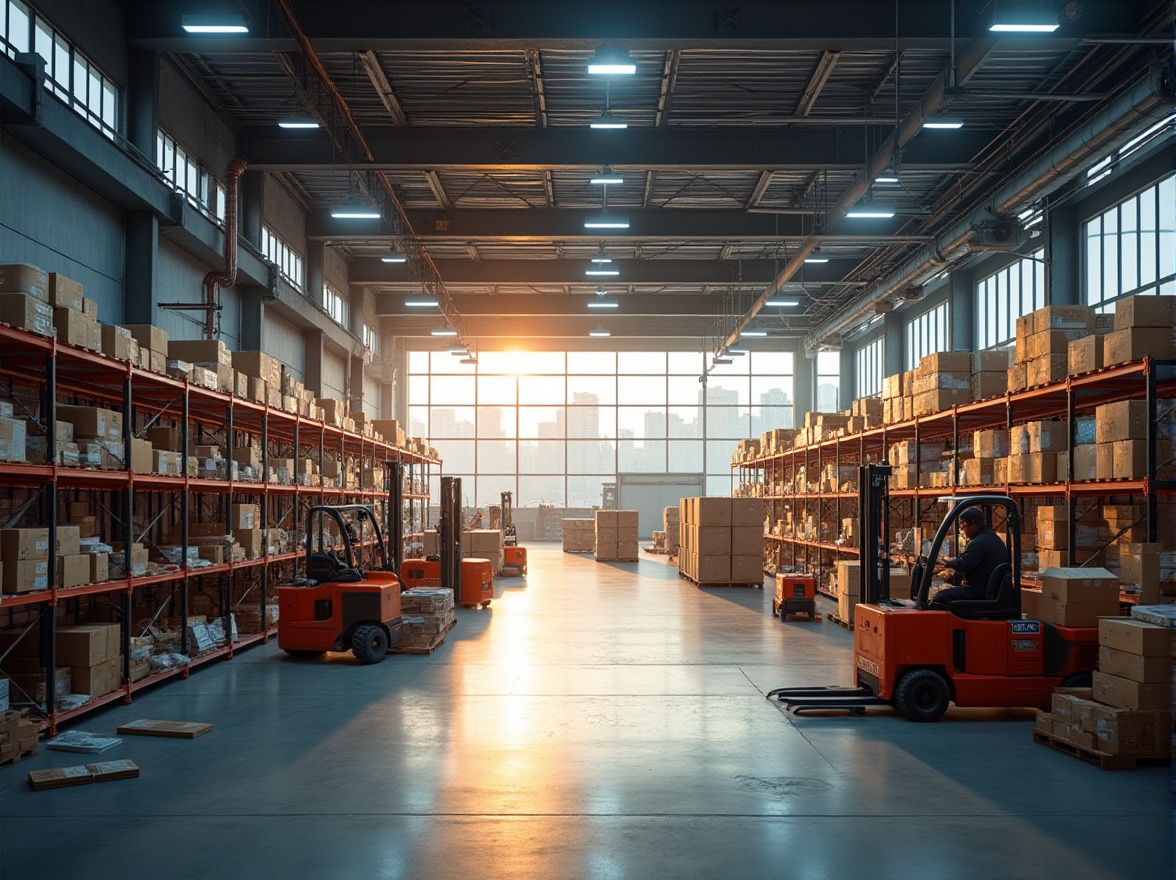 Prompt: Industrial functional area, modern factory, rows of metal shelving, stacks of cardboard boxes, forklifts, conveyor belts, machinery, tools scattered, steel beams, exposed pipes, concrete floor, fluorescent lighting, large windows, cityscape view, afternoon sun, warm ambient light, shallow depth of field, 3/4 composition.