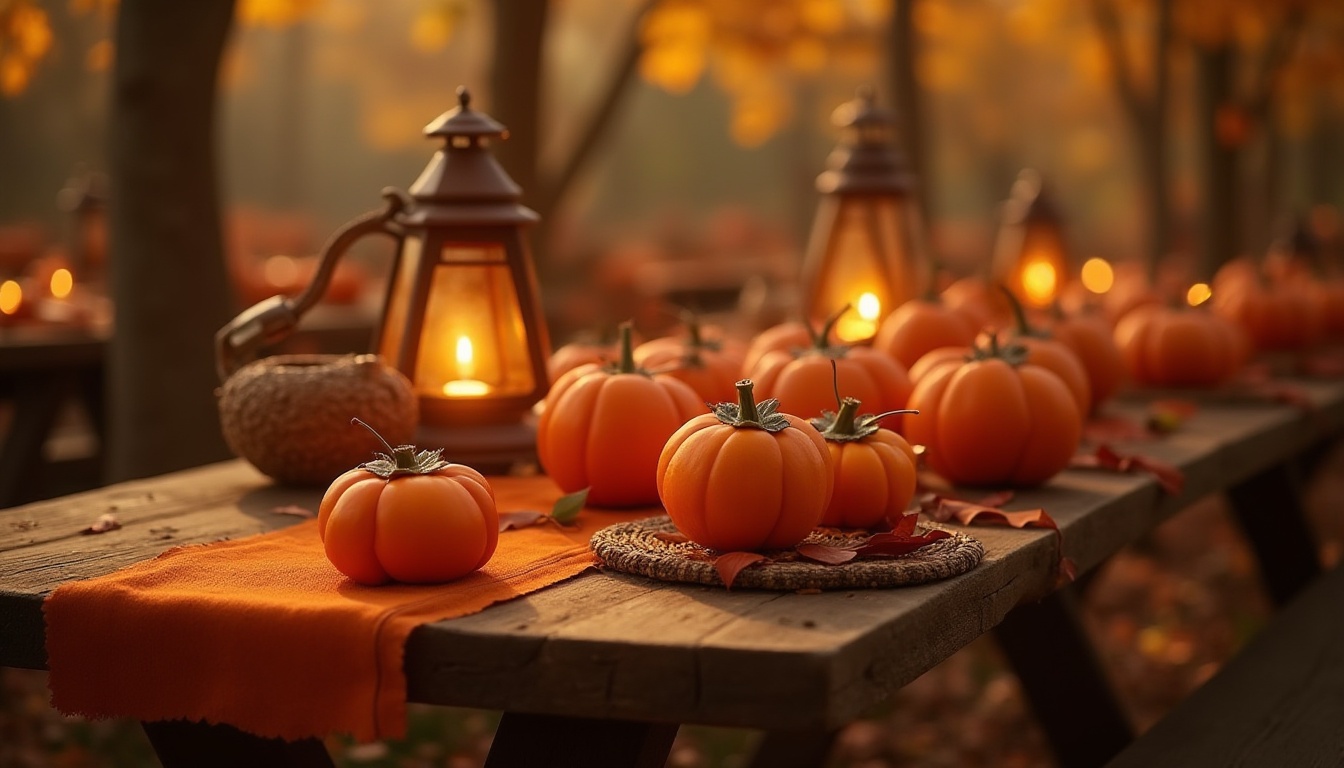 Prompt: Persimmon color, warm tone, autumn theme, cozy atmosphere, community gathering, traditional festival, lanterns, rustic wooden tables, woven baskets, vintage pottery, soft candlelight, warm golden lighting, shallow depth of field, 3/4 composition, intimate close-up, natural textures, earthy tones, harvest season, nostalgic mood.