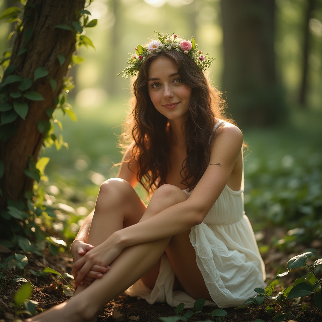 Prompt: woman, nature lover, peaceful, relaxed, 25yo, gentle smile, bright green eyes, curly brown hair, flower crown, flowy white dress, barefoot, sitting, cross-legged, forest floor, surrounded by trees, vines, wildflowers, warm sunlight filtering through leaves, dappled shadows, soft mist, ambient lighting, cinematic composition, shallow depth of field, ethereal atmosphere.