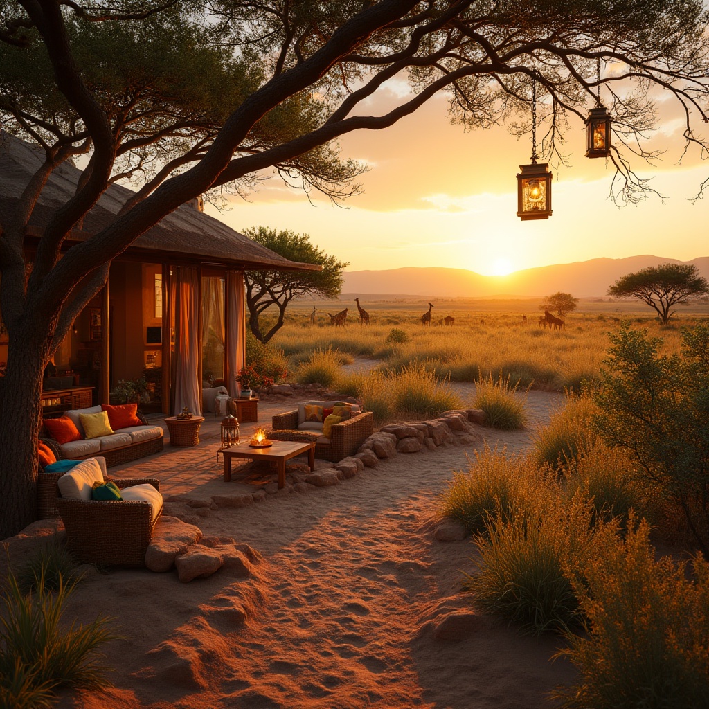 Prompt: African savannah landscape, warm sunset light, golden hour, eclectic elements, mix of modern and traditional African architecture, wooden accents, vibrant colors, patterned textiles, natural materials, wicker furniture, pampas grass, acacia trees, few giraffes roaming in the distance, a winding dirt path leading to a secluded villa, outdoor seating area with colorful pillows, lanterns hanging from tree branches, warm ambient lighting, cinematic composition, 3/4 view, shallow depth of field, soft focus, warm color palette.