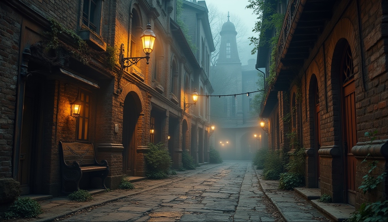 Prompt: Industrial area, Renaissance style adaptation, grandiose, ornate details, intricate stone carvings, rusted metal accents, worn brick walls, aged wooden beams, dimly lit alleyways, misty atmosphere, foggy morning, dramatic spotlighting, low-angle shot, 3/4 composition, warm tone, high contrast, cinematic mood, old-fashioned street lamps, cobblestone roads, medieval-inspired architecture, abandoned factories, rusty machinery, overgrown with ivy.