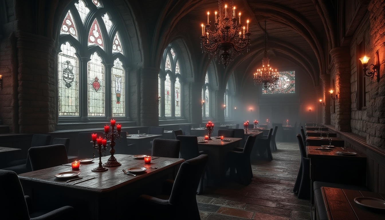 Prompt: Gothic restaurant interior, dark wood tables, velvet black chairs, ornate iron candelabras, red candles, mysterious atmosphere, dim lighting, stone walls, stained glass windows, grand chandelier, luxurious curtains, wooden benches, ancient artifacts, mysterious symbols, eerie ambiance, foggy mist effect.