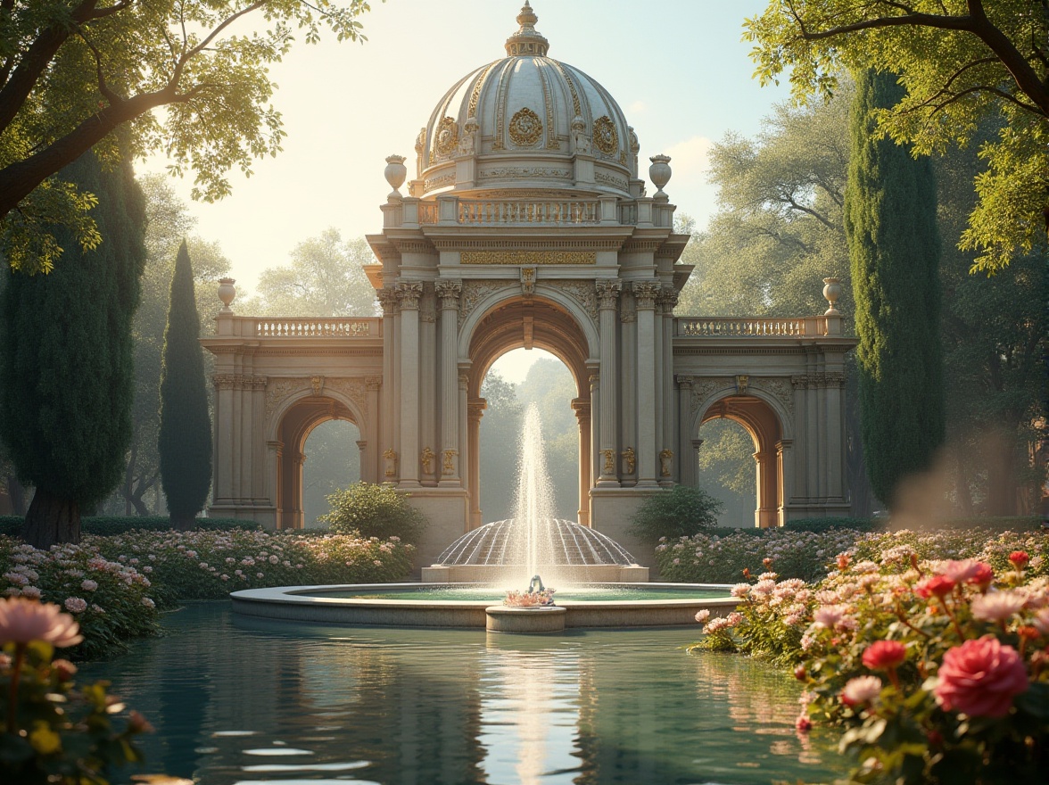 Prompt: Grand, elegant pavilion, Renaissance style, intricately carved stone walls, ornate golden decorations, majestic dome roof, subtle weathered effect, surrounded by lush greenery, vibrant flowers, tranquil pond, serene fountain, gentle mist, warm afternoon sunlight, soft shadows, 3/4 composition, symmetrical framing, atmospheric perspective, cinematic lighting, detailed textures, realistic render.