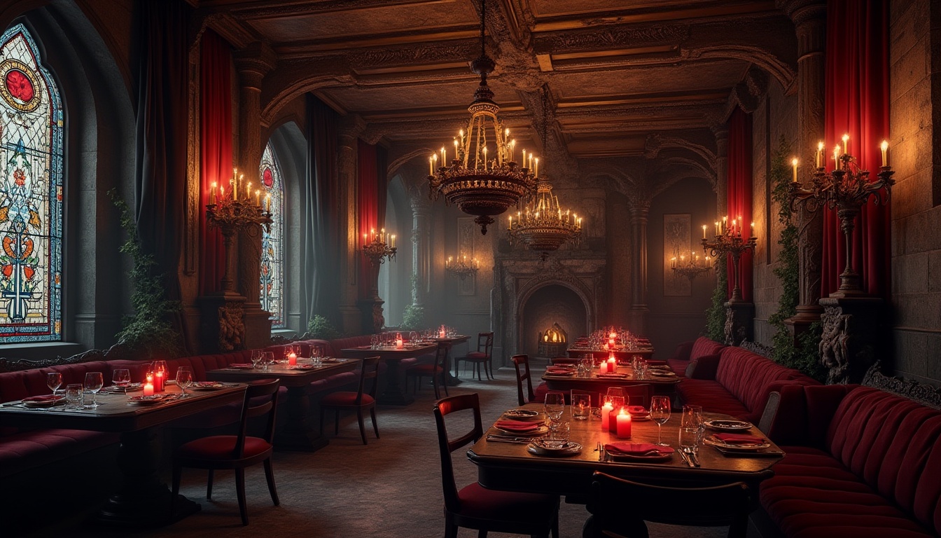 Prompt: Dark Gothic restaurant interior, grand chandeliers with red candles, ornate wooden tables, velvet drapes, mysterious stained glass windows, stone walls with ivy vines, medieval-style iron candelabras, dimly lit atmosphere, dark wood paneling, luxurious crimson-red upholstery, intricate carvings of gargoyles and demons, eerie ambient lighting, dramatic archways, mystical frescoes on ceiling, heavy black curtains, mysterious ancient artifacts as decorations, grand stone fireplaces.