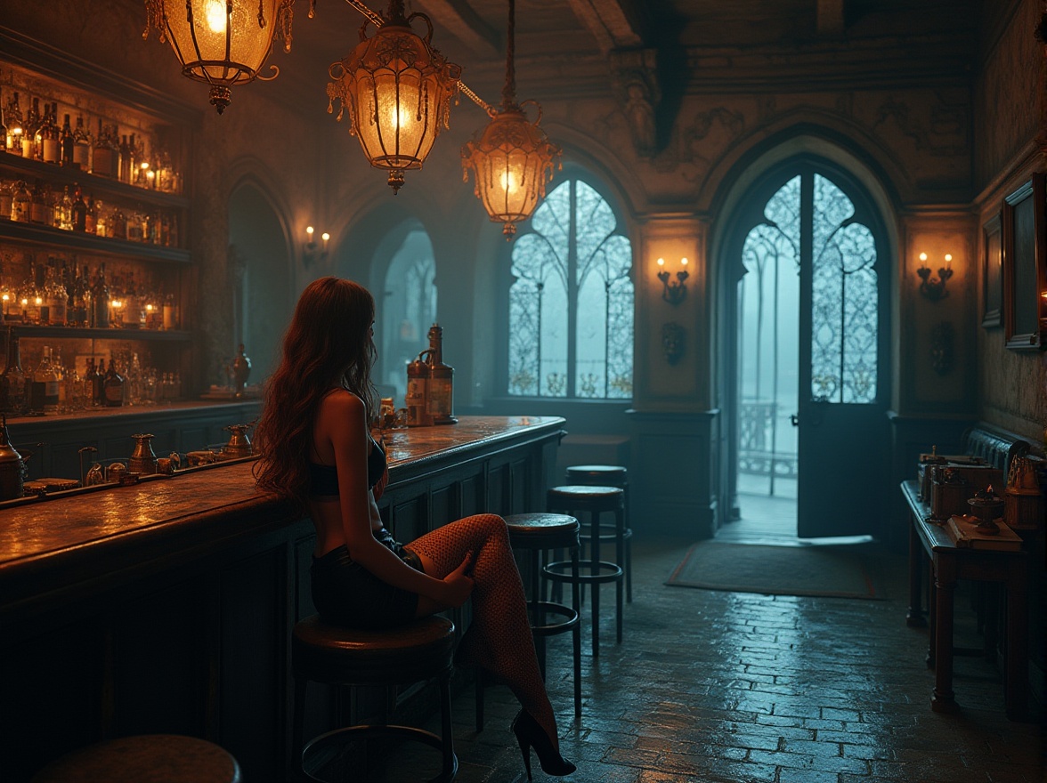 Prompt: Lakefront scenery, mysterious misty atmosphere, gothic-inspired bar, intricate stone carvings, stained glass windows, heavy iron doors, dim warm lighting, ornate wooden furniture, mysterious bartender, elegant long-haired woman, fishnet stockings, leather miniskirt, bold eyeliner, solo, sitting, legs crossed, sipping red wine, surrounded by mysterious ancient artifacts, old books, and candles, Baroque-style chandeliers, grandeur architecture, misty lake view, foggy night, romantic ambiance, warm color palette.