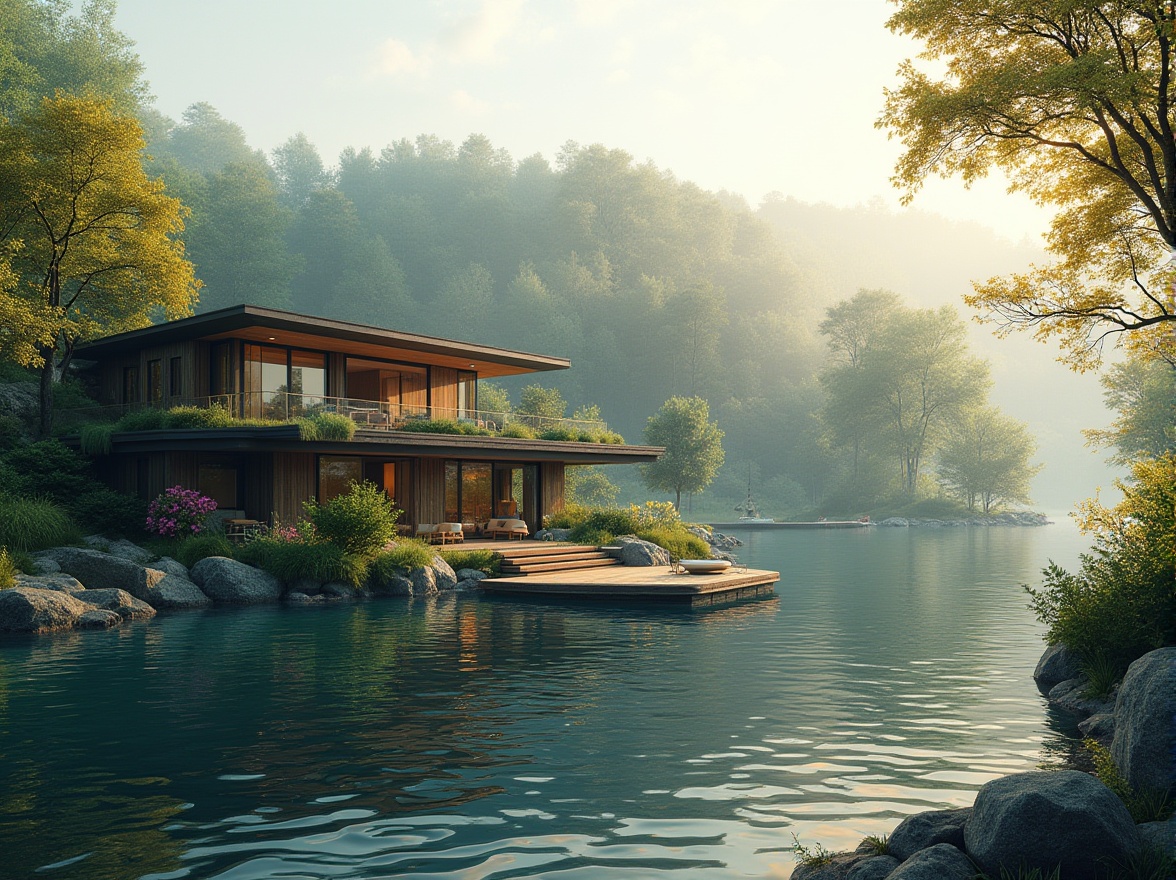 Prompt: Lakefront villa, luxurious, modern architecture, blending seamlessly into surroundings, lush greenery, tall trees, blooming flowers, gentle slope, leading down to serene lake waters, wooden dock, sailboats, canoes, ripples on water surface, warm sunlight, soft ambient lighting, early morning mist, panoramic view, 3/4 composition, realistic, cinematic atmosphere.