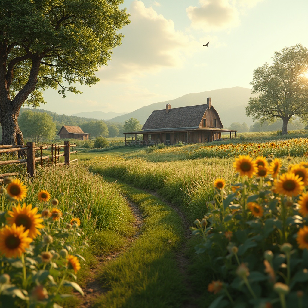 Prompt: Rural scenery, integrating farmland into design, modern farmhouse, surrounded by lush green fields, wheat, oats, sunflowers, vibrant wildflowers, wooden fence, rusty gate, old tree, solitary bird perched, warm sunlight, soft focus, shallow depth of field, natural texture, earthy tone, peaceful atmosphere, 3/4 composition, wide-angle lens.