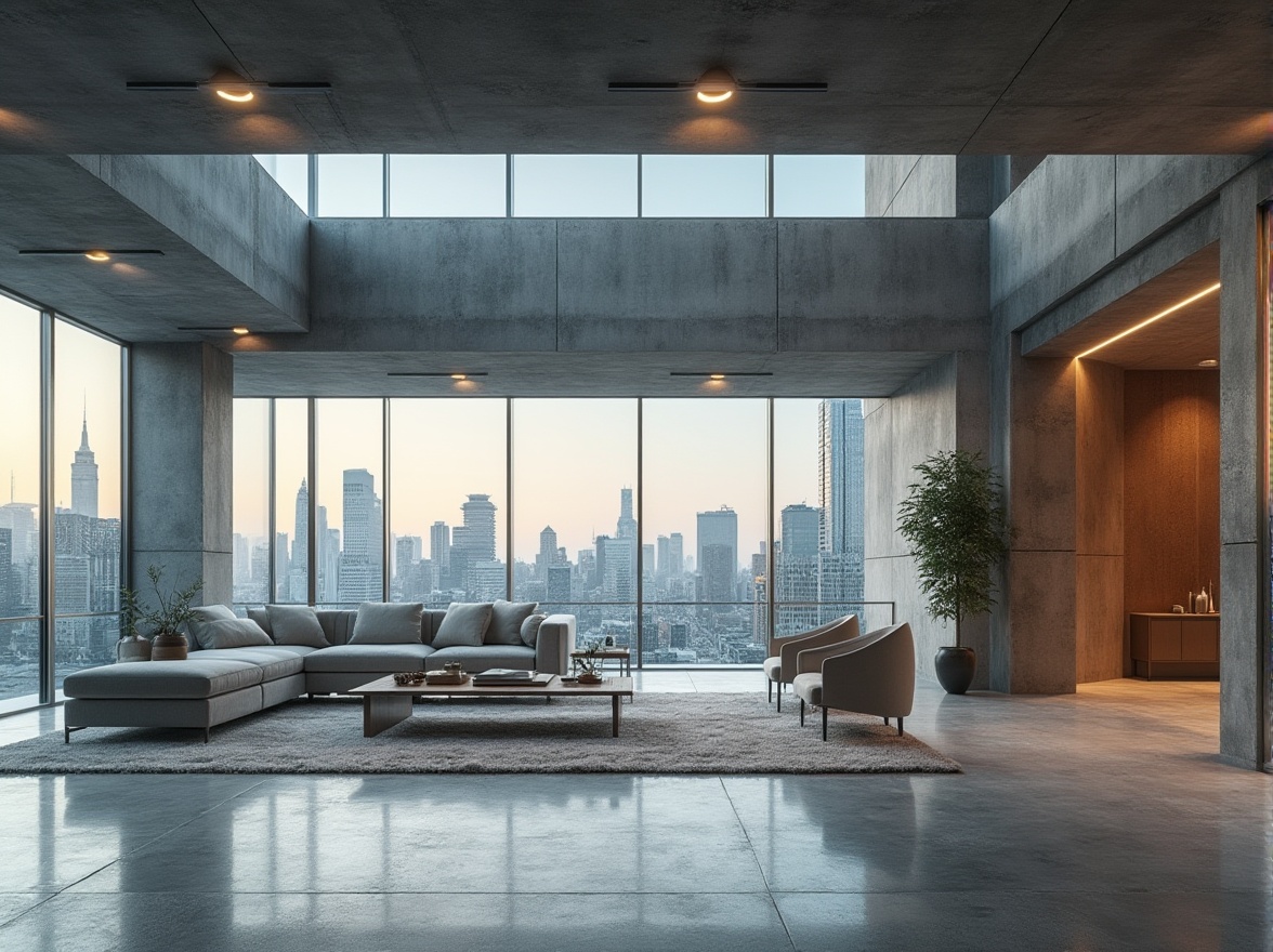 Prompt: Modern architectural design, concrete structure, brutalist style, industrial chic, urban atmosphere, cityscape, metropolitan background, grey tone, raw texture, rough finish, geometric shapes, clean lines, minimalist decor, sleek furniture, modern lighting fixtures, floor-to-ceiling windows, panoramic view, 3/4 composition, soft natural light, ambient shadows.