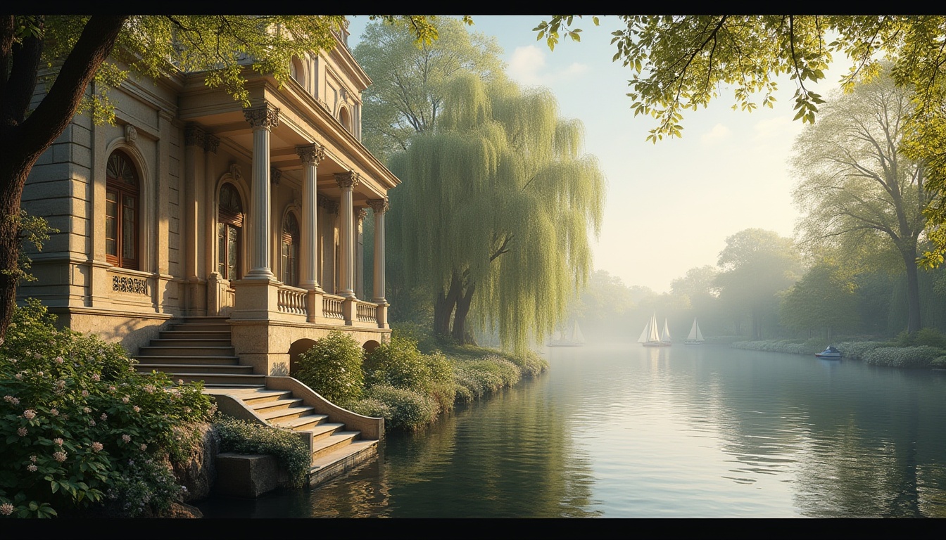 Prompt: Riverbank, classicism, neoclassical architecture, grand staircase, ornate balustrade, Corinthian columns, arched windows, rusticated stone walls, lush greenery, weeping willows, blooming flowers, tranquil atmosphere, warm sunlight, soft water reflections, serene river flow, sailboats in the distance, misty morning, 3/4 composition, low-angle shot, cinematic lighting, HDR.