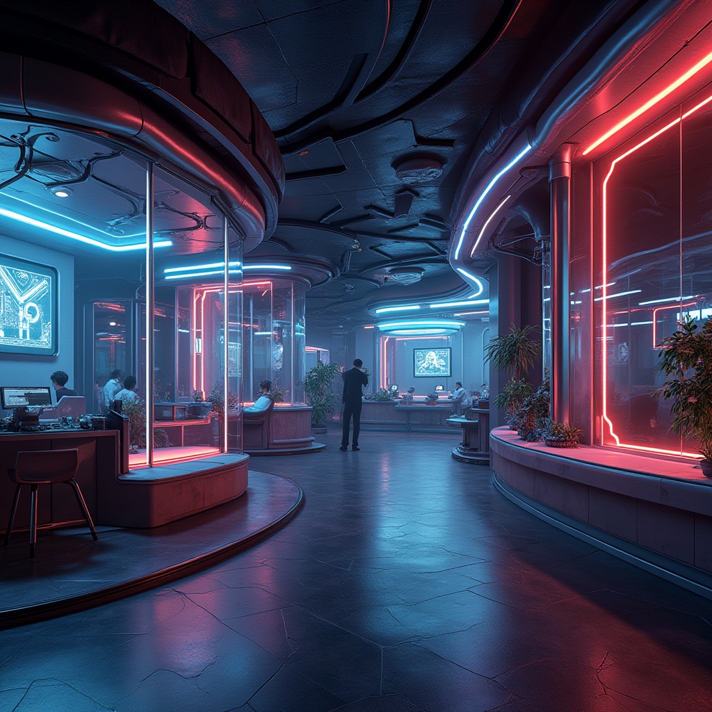 Prompt: Futuristic hostel, innovative high-tech style, modern minimalist interior, sleek lines, neon lights, metallic materials, glass walls, LED light installations, geometric shapes, 3D visual effects, abstract patterns, dynamic color scheme, futuristic furniture, robotic decorations, spaceship-like atmosphere, cyberpunk vibe, low-angle shot, dramatic lighting, moody shadows, cinematic composition.