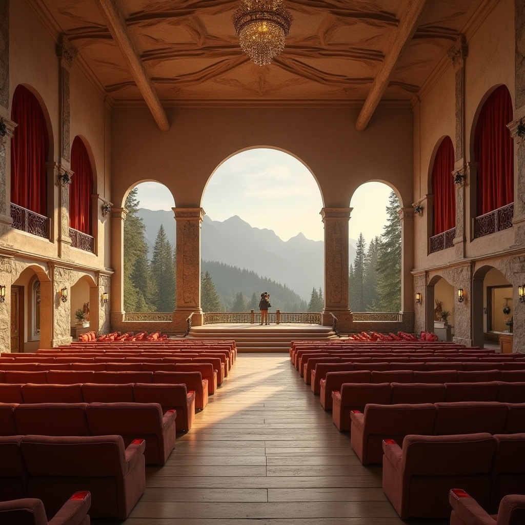 Prompt: Mountainous auditorium interior, Sienna color tone, warm beige walls, rustic wooden flooring, high ceiling, large windows, majestic mountain views, spotlights, comfortable seating, red velvet curtains, grand chandelier, stone columns, natural material, earthy texture, symmetrical composition, dramatic lighting, 3/4 shot, panoramic view.