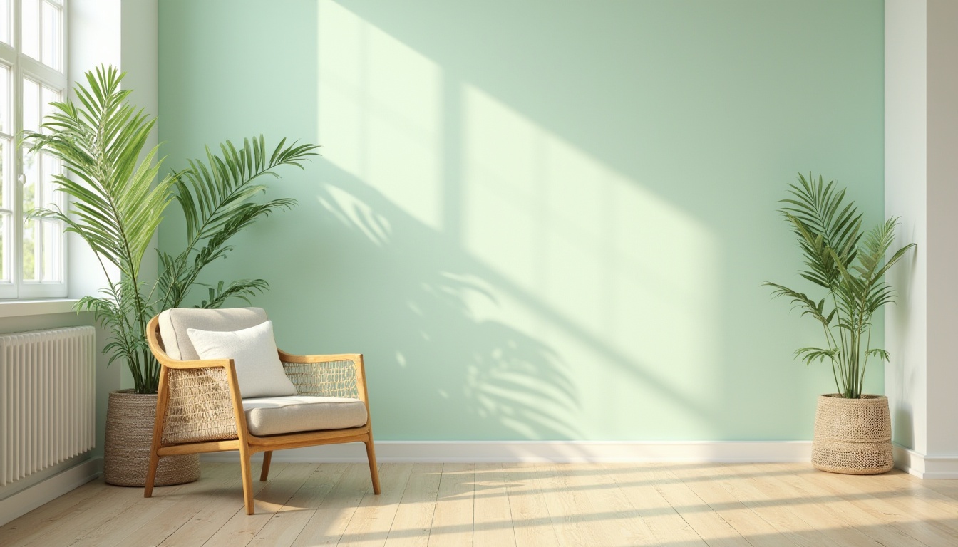 Prompt: light green, pastel tone, soft mint, calming atmosphere, modern minimalist interior, Scandinavian style, wooden floor, white walls, large windows, natural light, potted plants, leafy greens, woven basket, rattan furniture, linen upholstery, gentle texture, warm beige accents, simple composition, 3/4 view, morning sunlight, airy feel.