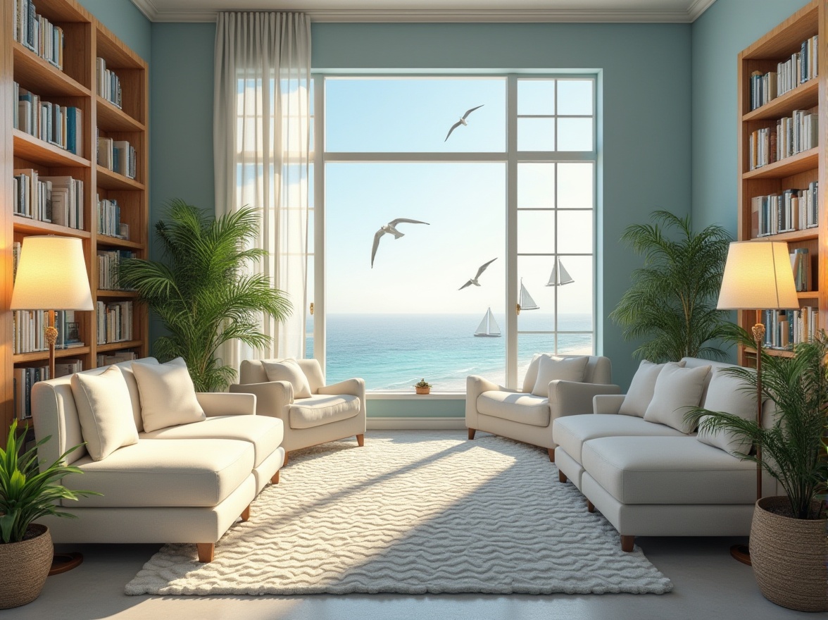 Prompt: Coastal atmosphere, library interior, calming ambiance, wooden bookshelves, ocean-inspired color palette, light blue walls, cream-colored furniture, wavy-patterned carpet, comfortable reading nooks, floor lamps with nautical ropes, potted palm trees, natural light pouring through large windows, soft ocean breeze sound effects, seagulls flying outside, distant sailboats on the horizon, warm and inviting lighting, 3/4 composition, panoramic view.