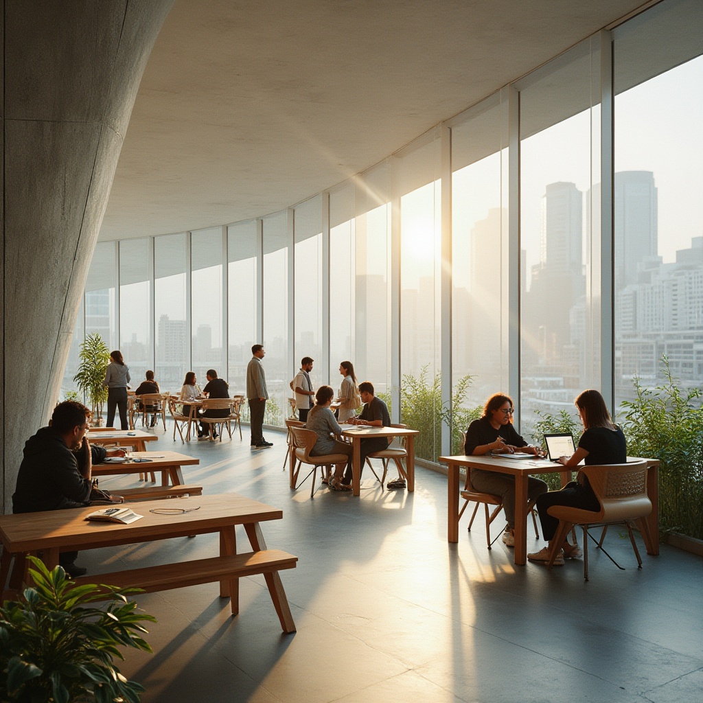 Prompt: Modern cultural center, futuristic architecture, polyethylene material, transparent walls, angular lines, sleek design, urban setting, cityscape background, afternoon sunlight, soft shadows, 3/4 composition, shallow depth of field, people interacting, reading books, laptops open, creative discussion, wooden tables, minimalist chairs, plants surrounding, ambient lighting, warm atmosphere.