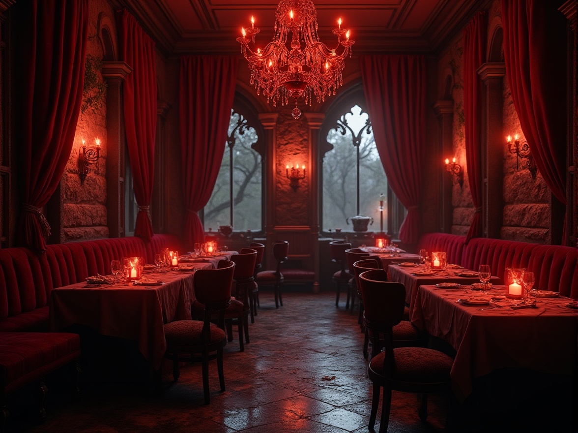 Prompt: Dark Gothic restaurant interior, dim red candlelight, luxurious velvet curtains, ornate wooden tables, intricately carved chair legs, high-backed throne-like chairs, richly upholstered booths, mysterious ancient artifacts as decorations, stone walls with ivy climbing, grand chandeliers with dripping crystals, heavy drapery, mysterious ambiance, dramatic shadows, warm and cozy atmosphere.