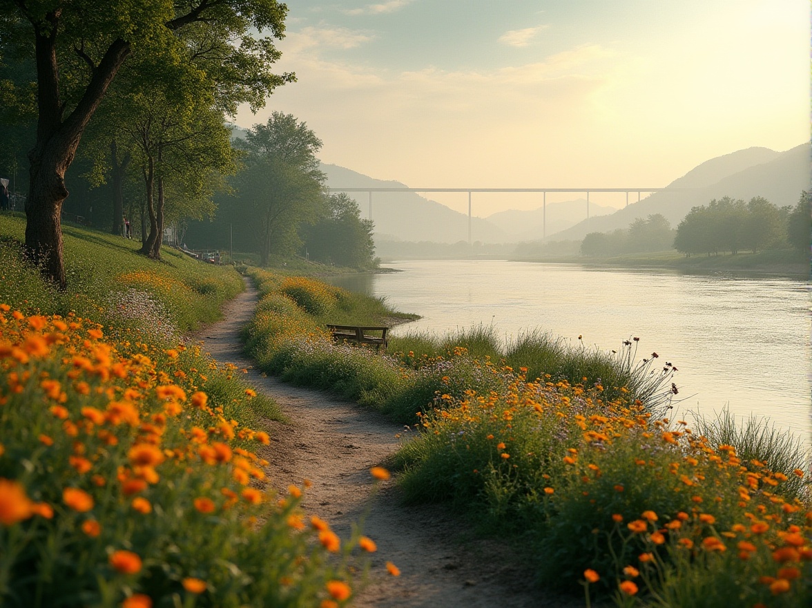 Prompt: Riverbank location, panoramic view, serene atmosphere, gentle slope, lush greenery, varied wildflowers, blooming in vibrant colors, meandering dirt path, wooden benches, tranquil ambiance, soft ripples on water surface, warm ambient lighting, distant mountains, misty morning, golden hour, HDR, cinematic composition.