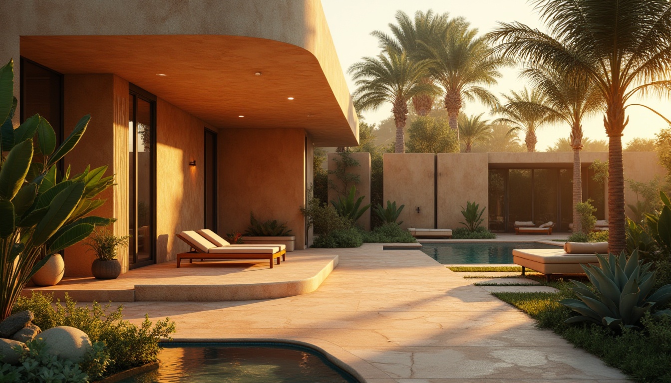 Prompt: Warm amber color, golden lighting, luxurious modern villa, Mediterranean style, curved lines, large windows, sliding glass doors, private courtyard, lush greenery, palm trees, warm sandy stone walls, natural textures, earthy tones, cozy atmosphere, soft focus, shallow depth of field, afternoon sunlight, warm shadows, cinematic composition.