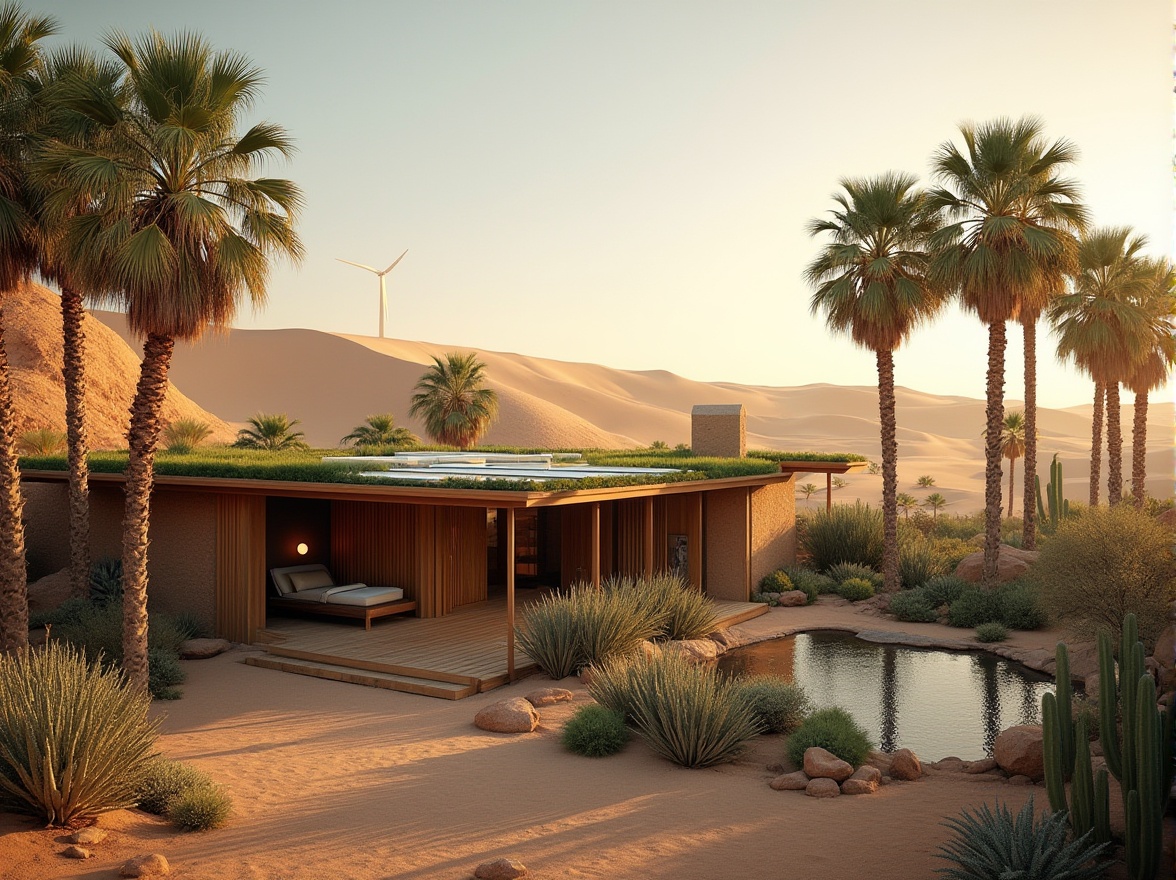 Prompt: Desert hotel, modern architecture, sustainable design, eco-friendly, green roof, solar panels, wind turbines, recycling facilities, rainwater harvesting system, xeriscaping, cactus garden, natural stone walls, wooden accents, minimalist interior, earthy tone color scheme, large windows for natural light, panoramic view of sand dunes, majestic palm trees, calm atmosphere, warm sunset lighting, shallow depth of field.