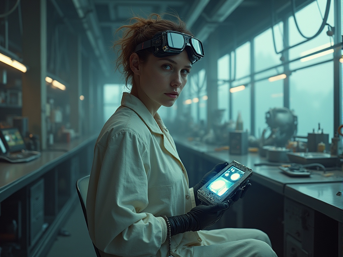 Prompt: Futuristic laboratory, mountainous scenery, solo scientist, (30yo), worn-out lab coat, goggles on forehead, messy brown hair, intense gaze, holding a futuristic device, metallic components, neon lights, wires, tubes, machinery, steel tables, shelves with beakers, test tubes, futuristic equipment, high-tech gadgets, misty atmosphere, foggy windows, concrete walls, industrial lighting, cold colors, panoramic view, low-angle shot, cinematic composition, HDR, 3/4 frame, shallow depth of field.