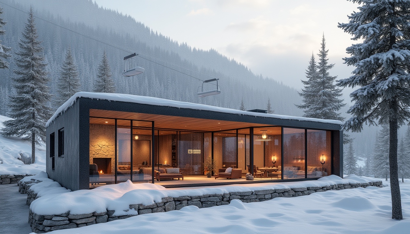 Prompt: Modern Ski Center, social housing, innovative architecture, rammed earth structure, wooden accents, large windows, snowy mountain background, pine trees, ski lifts, foggy atmosphere, soft lighting, 3/4 composition, panoramic view, cozy interior, fireplace, comfortable furniture, warm ambiance, natural materials, stone walls, earthy colors, rustic details.