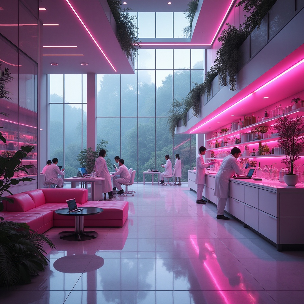 Prompt: Futuristic research center, incorporating fuchsia color, sleek lines, neon lights, modern architecture, minimalist interior design, glass walls, steel beams, futuristic lab equipment, scientists in white coats, laptops and tablets, high-tech gadgets, vibrant fuchsia accents on walls, furniture, and decorative elements, natural light pouring in through large windows, overlooking a lush green forest, subtle fog surrounding the building, misty atmosphere, soft focus, shallow depth of field, cinematic composition.