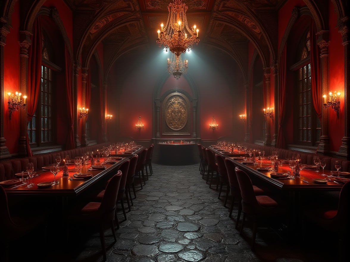 Prompt: Dark Gothic restaurant, luxurious interior, ornate chandeliers, mysterious ambiance, grand wooden tables, velvet drapes, crimson red walls, stone flooring, ancient artifacts, mysterious relics, candelabras, dim warm lighting, dramatic composition, 3/4 view, atmospheric mood, foggy misty effect, Baroque architecture, mysterious Gothic details, heavy metal doors, ornate mirrors, luxurious furniture.