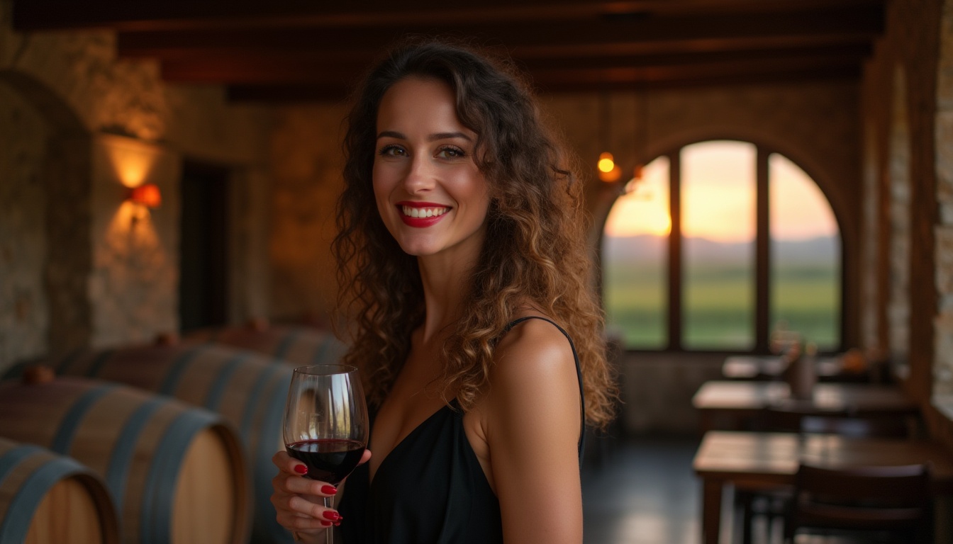 Prompt: Rustic winery interior, granite material, textured stone wall, dark brown wooden beams, wine barrels, dimmed warm lighting, luxurious atmosphere, mature lady, long curly hair, red lipstick, black evening dress, standing, holding wine glass, smiling, warm facial expression, soft focus, blurred background, 3/4 composition, low-angle shot, natural light pouring in through large windows, vineyard scenery outside, sunset time.