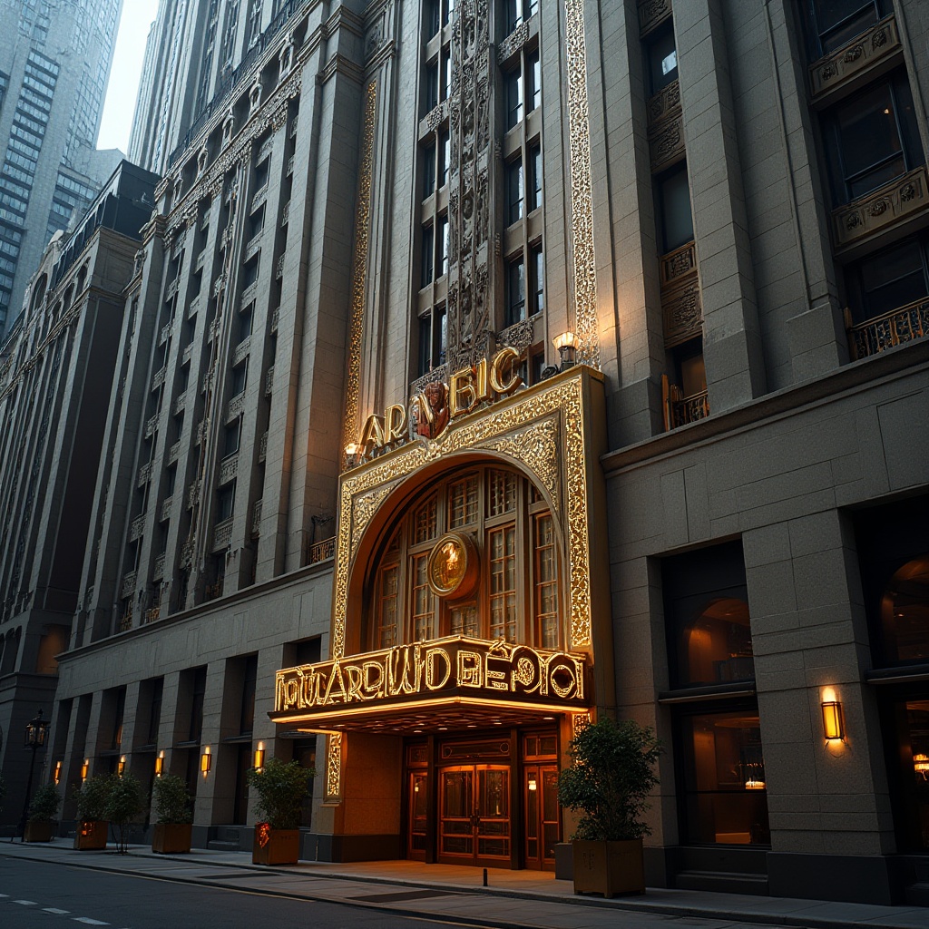 Prompt: Art Deco building facade, luxurious, geometric patterns, ornate details, metallic materials, glossy finish, bold colors, 1920s style, urban cityscape, skyscraper, grand entrance, intricate moldings, ornamental columns, stylized typography, vintage camera angle, low-angle shot, dramatic lighting, high-contrast, film noir atmosphere.