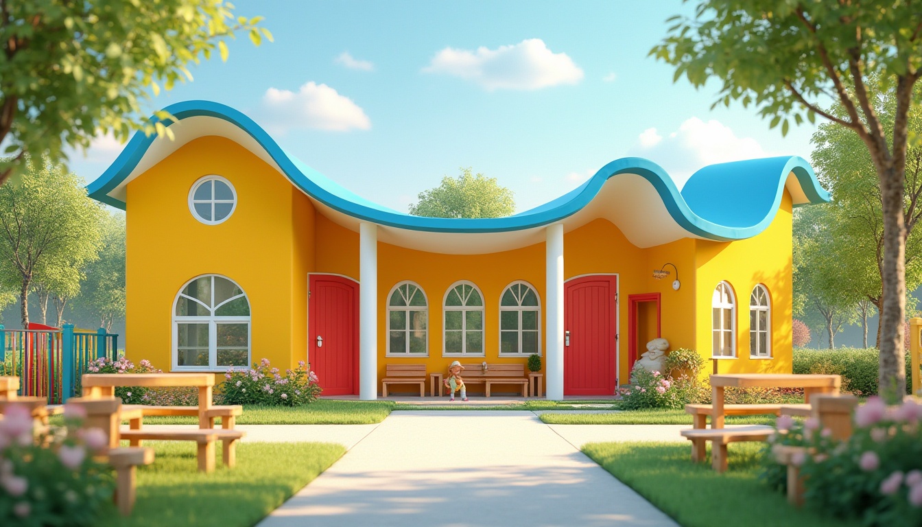 Prompt: Colorful kindergarten, fusion architecture style, vibrant yellow walls, wavy blue roof, irregular shape building, playful rounded edges, white columns, bright red doors, greenery surroundings, blooming flowers, tall trees, wooden benches, children's playground equipment, slides, swings, merry-go-round, sandbox, soft natural light, warm atmosphere, shallow depth of field, 3/4 composition, child-friendly interior design elements.