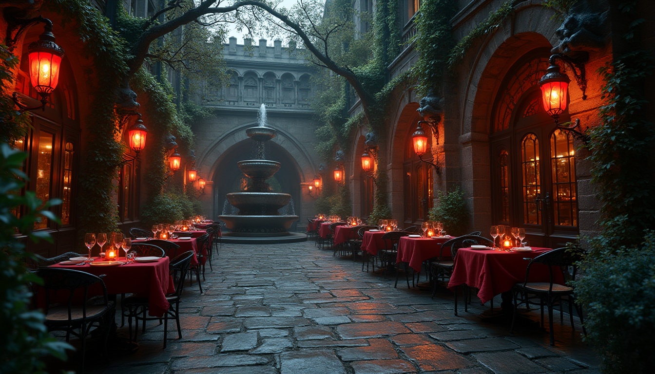 Prompt: Gothic style restaurant outdoor space, mysterious ambiance, dim red lanterns, stone pavement, grand fountain with intricate carvings, lush greenery, twisted vines crawling up ancient walls, heavy iron gates adorned with gargoyles, dark wood benches, ornate metal tables, crimson tablecloths, golden candelabras, misty evening atmosphere, warm torch lighting, mysterious shadows, cinematic composition, low-angle shot.