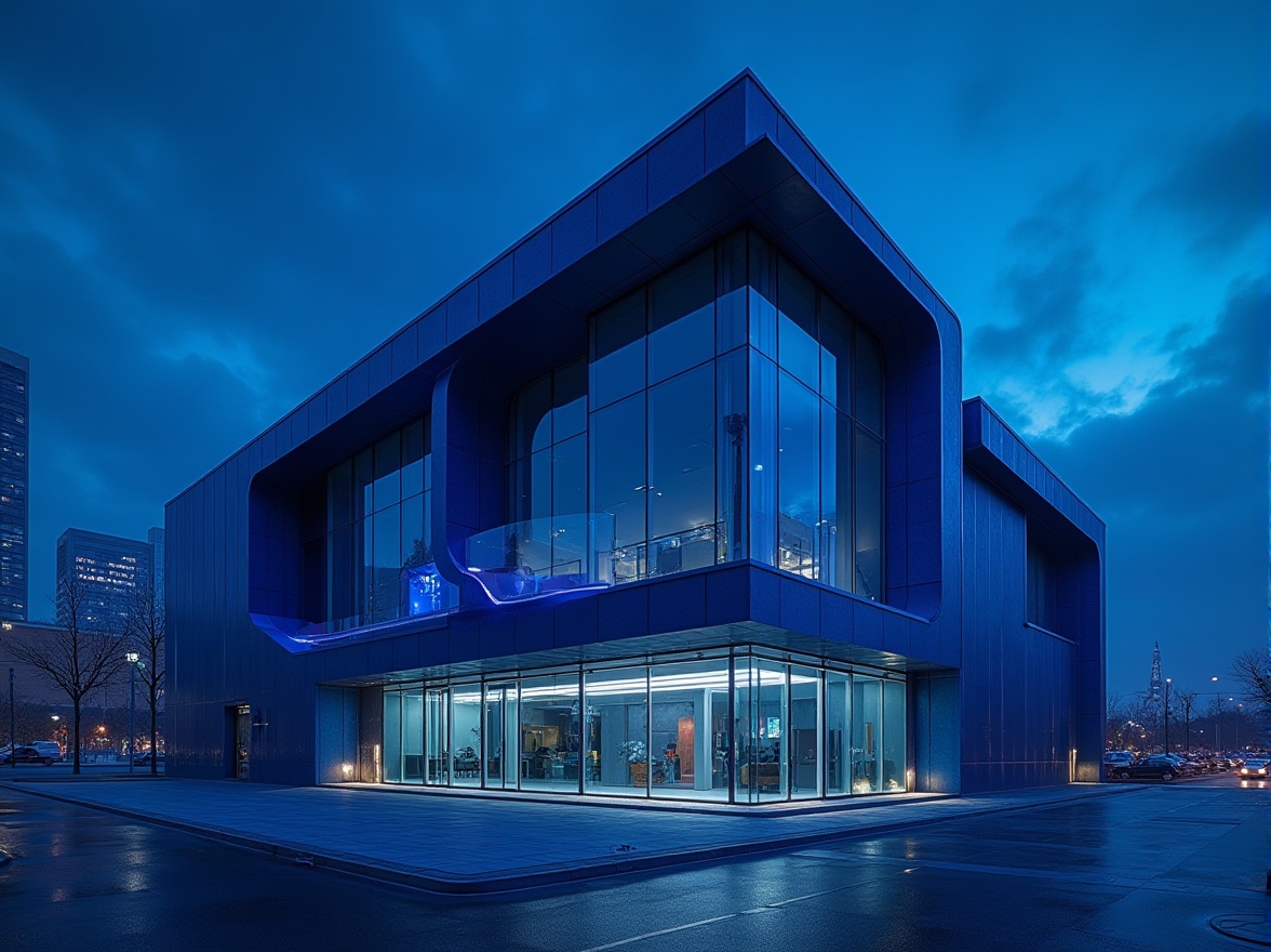 Prompt: Indigo-colored building, modern architecture, sleek lines, geometric shapes, urban cityscape, night scene, neon lights reflecting off indigo facade, dark blue tone, metallic accents, glass and steel materials, futuristic vibe, abstract composition, low-angle shot, dramatic lighting, cinematic mood.