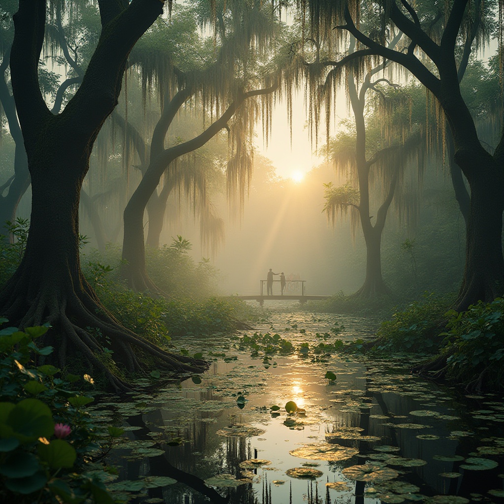 Prompt: Wetland ecosystem, misty morning, lush green vegetation, tangled roots, murky waters, cypress trees, twisted branches, Spanish moss, water lilies, lotus flowers, wooden boardwalk, winding path, observation deck, birdwatching, sunrise, golden light, soft focus, shallow depth of field, warm atmosphere, cinematic composition.