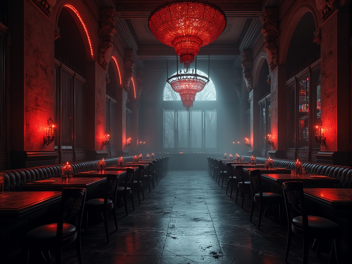 Prompt: Dark, mysterious ambiance, futuristic gothic restaurant, grand high ceilings, intricate stone carvings, ornate chandeliers, dim red lighting, luxurious black velvet drapes, heavy metal doors, industrial pipes, exposed brick walls, lavish marble floors, modern minimalist tables, sleek metallic chairs, avant-garde art pieces, eerie fog effects, misty atmosphere, neon signs, cyberpunk elements, skeletal trees, abandoned asylum-inspired decor, mysterious laboratories, steampunk machinery, grand staircases, dramatic archways, hauntingly beautiful scenery, cinematic composition, high contrast lighting, 3/4 view.