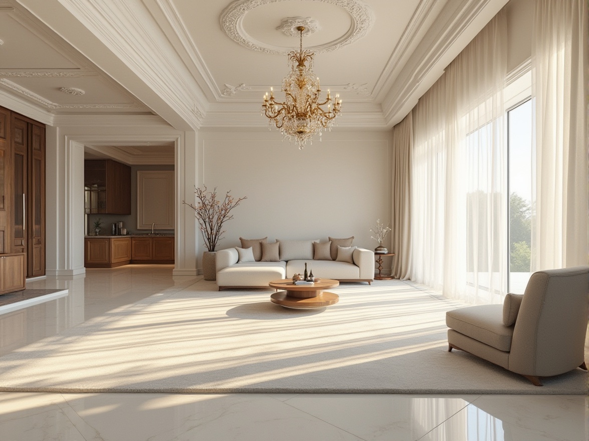 Prompt: Interior design, modern villa, luxurious living room, plaster material, smooth texture, white color, ornate ceiling, grand chandelier, comfortable sofa, wooden coffee table, large windows, natural light, afternoon sunbeam, soft shadows, 3/4 composition, warm ambient lighting.