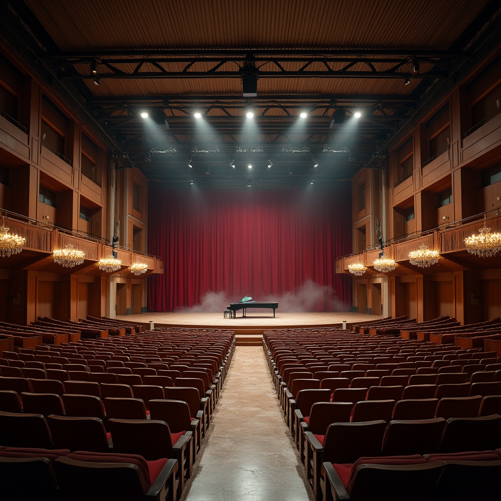 Prompt: Auditorium interior, modern architecture, corrugated iron ceiling, industrial design, rows of seats, wooden chairs, metal handrails, dimmed lighting, spotlight on stage, red velvet curtains, ornate chandeliers, polished marble floor, grand piano, microphone stand, soundproofing materials, acoustic panels, tiered seating, central aisle, backstage doors, side balconies, VIP boxes, upper levels, catwalks, spotlights, softbox lights, atmospheric mist, warm tone color palette, 3/4 composition, low-angle shot, cinematic lighting.