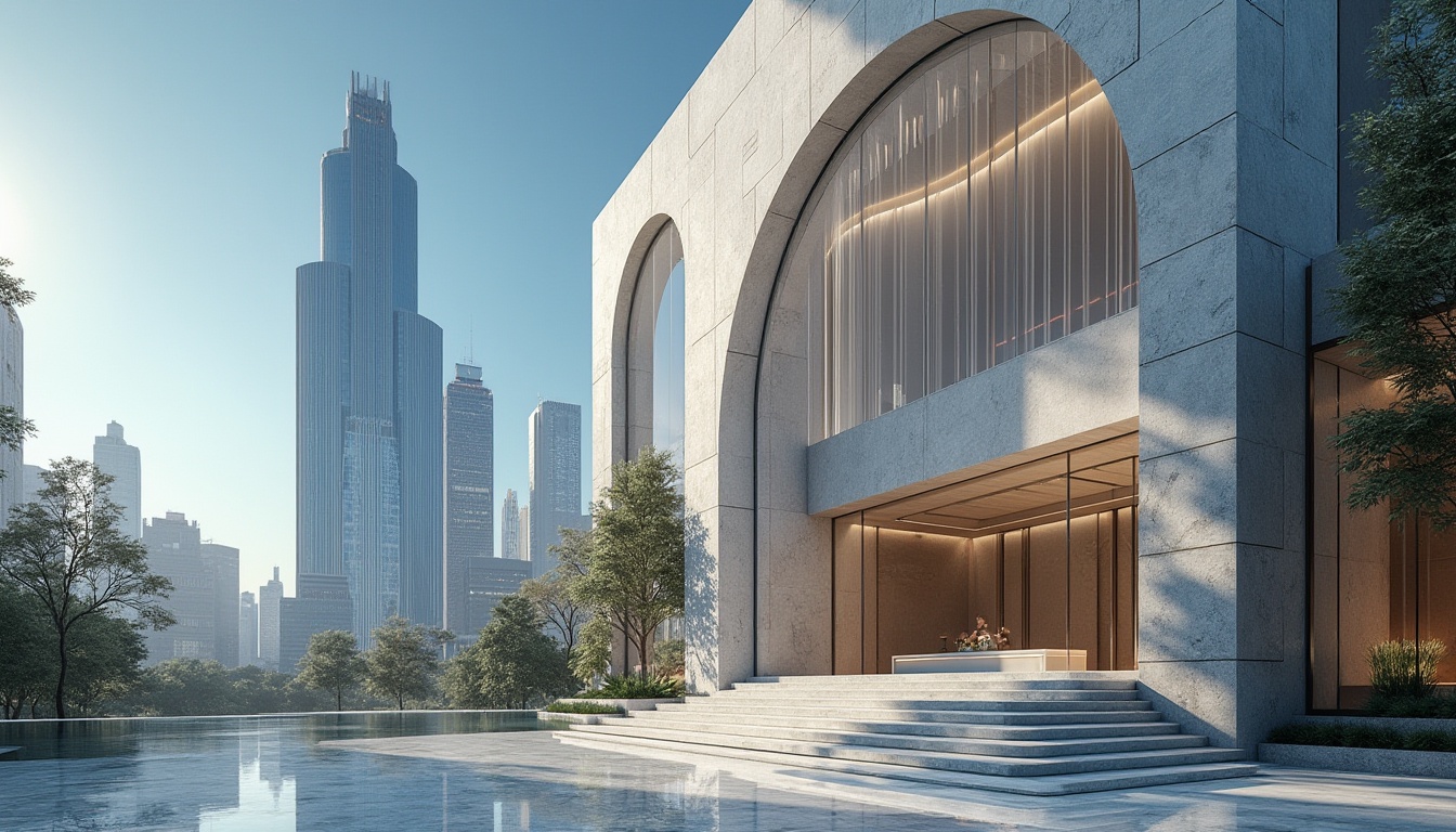 Prompt: Modern building, granite material, luxury skyscraper, cityscape, urban jungle, daytime, clear blue sky, sun shining down, reflection on glass window, stone façade, rough texture, natural pattern, monumental entrance, grand staircase, indoor fountain, elegant lobby, sophisticated atmosphere, high-end design, contemporary style, minimalist decoration, marble flooring, steel frame, sleek lines, 3/4 composition, wide-angle lens.