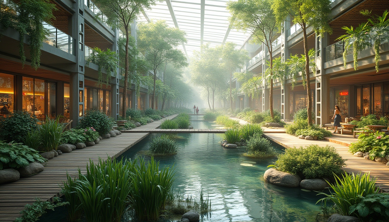 Prompt: Ecological shopping center, wetland integration, lush greenery, natural light, open atrium, water features, koi pond, walking trails, wooden boardwalks, modern architecture, sleek lines, glass facades, steel structures, vibrant plant life, tropical flowers, reeds, cattails, misty atmosphere, soft lighting, warm colors, comfortable seating areas, nature-inspired sculptures, educational signage, interactive exhibits, sustainable materials, eco-friendly design, 3/4 composition, panoramic view, ambient occlusion.